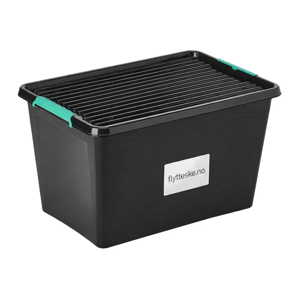 Solid plastkasse med mintgrønne håndtak og rilleformet lokk med clips